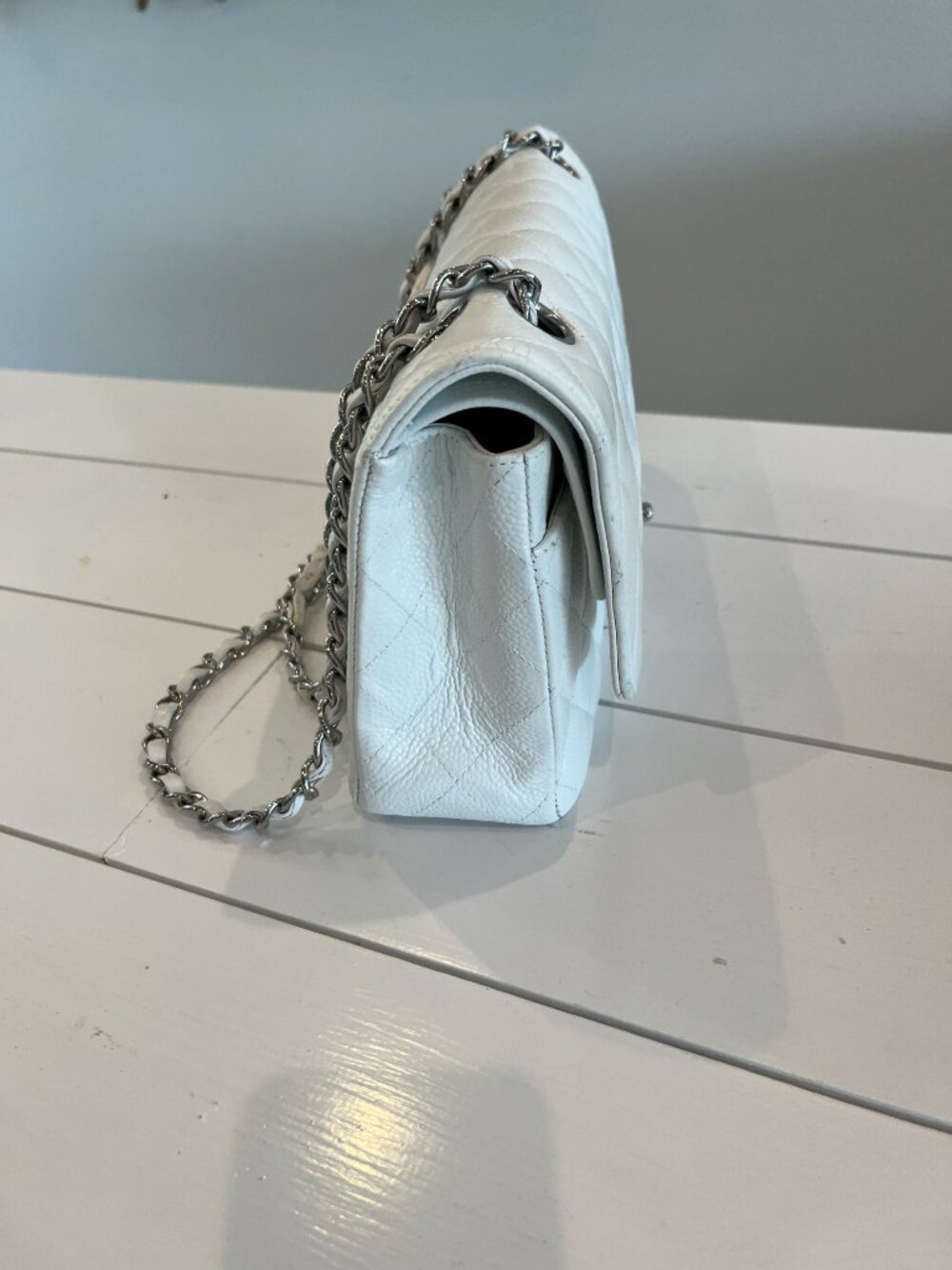 CHANEL White Caviar Medium Double Flap Shoulder Bag with Silver Hardware - Picture 5 of 12